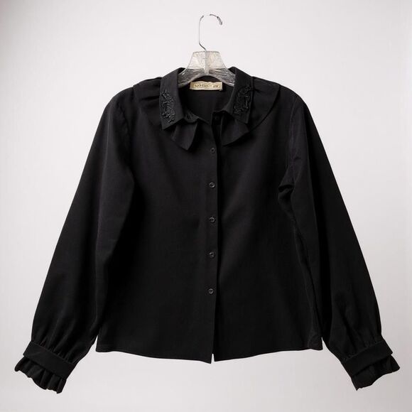 Kenzo x H&M Silk Blouse XS Black Beaded Ruffled Goth Dark Romantic Whimsigoth - Picture 2 of 12